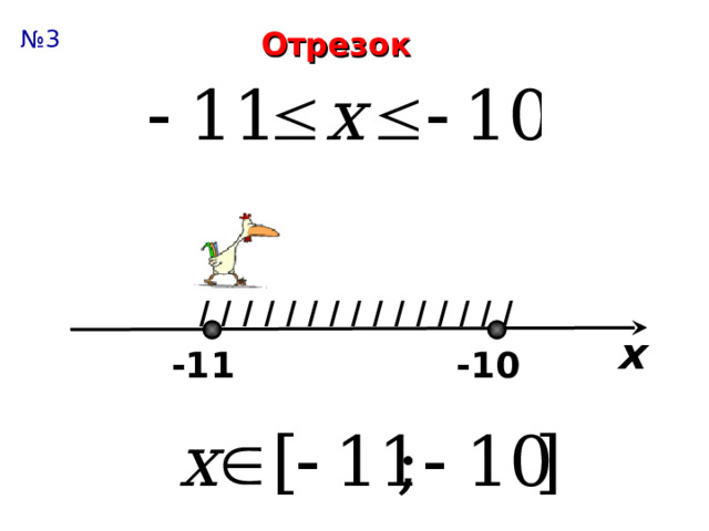 Отрезок № 3 I I I I I I I I I I I  I I I I х Задаём вопросы: Какой точкой нужно обозначить число на прямой? Какой участок нужно заштриховать? Как записать в виде промежутка? Какие скобки? Как называется этот числовой промежуток? -11 -10 8 