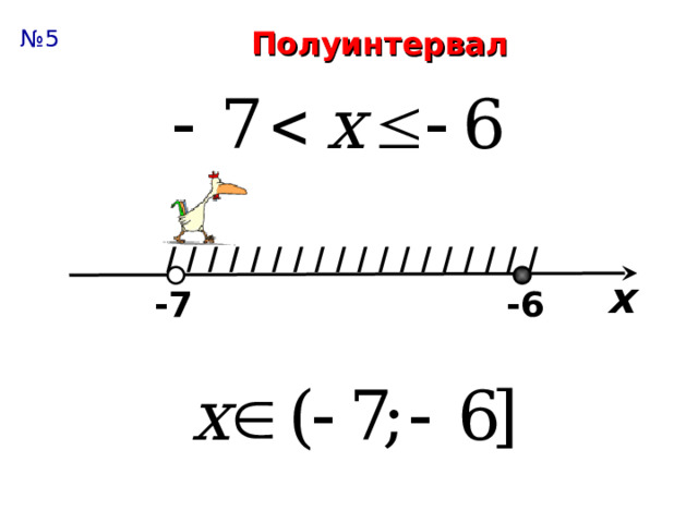 Полуинтервал № 5 I I I I I I I I I I I I I I  I I I  I х -7 -6 Задаём вопросы: Какой точкой нужно обозначить число на прямой? Какой участок нужно заштриховать? Как записать в виде промежутка? Какие скобки? Как называется этот числовой промежуток? 8 