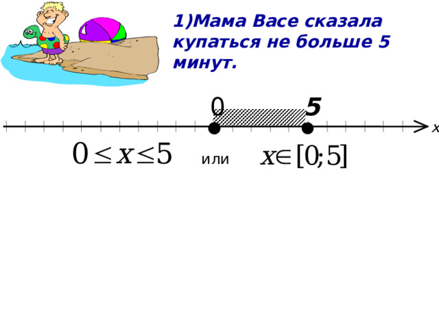 1)Мама Васе сказала купаться не больше 5 минут. 5 0 х или 2)Мама Васе сказала купаться хоть сколько, но только чтобы купался. 0 х или 