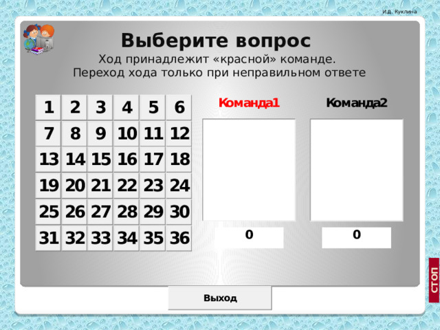 Выберите вопрос  Ход принадлежит «красной» команде.  Переход хода только при неправильном ответе  