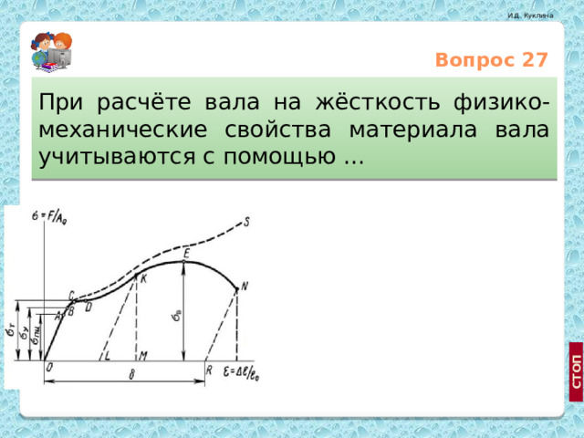 Вопрос 27 При расчёте вала на жёсткость физико-механические свойства материала вала учитываются с помощью … Коэффициента Пуассона Модуль упругости первого рода Модуль упругости второго рода 
