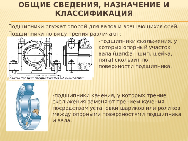 Общие сведения, назначение и классификация Подшипники служат опорой для валов и вращающихся осей. Подшипники по виду трения различают: -подшипники скольжения, у которых опорный участок вала (цапфа - шип, шейка, пята) скользит по поверхности подшипника. -подшипники качения, у которых трение скольжения заменяют трением качения посредствам установки шариков или роликов между опорными поверхностями подшипника и вала. ВКЛАДЫШ ВАЛ ВАЛ КОРПУС КОНСТРУКЦИЯ ПОДШИПНИКА СКОЛЬЖЕНИЯ 