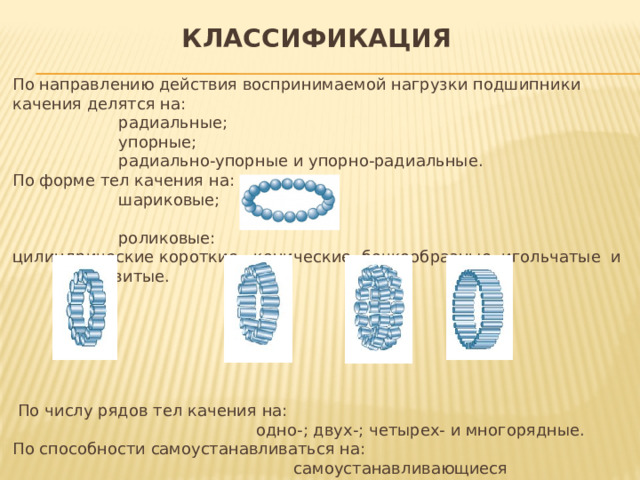 Классификация По направлению действия воспринимаемой нагрузки подшипники качения делятся на:  радиальные;  упорные;  радиально-упорные и упорно-радиальные. По форме тел качения на:  шариковые;  роликовые: цилиндрические короткие, конические, бочкообразные, игольчатые и витые.  По числу рядов тел качения на:  одно-; двух-; четырех- и многорядные. По способности самоустанавливаться на:  самоустанавливающиеся (сферические);  несамоустанавливающиеся. 