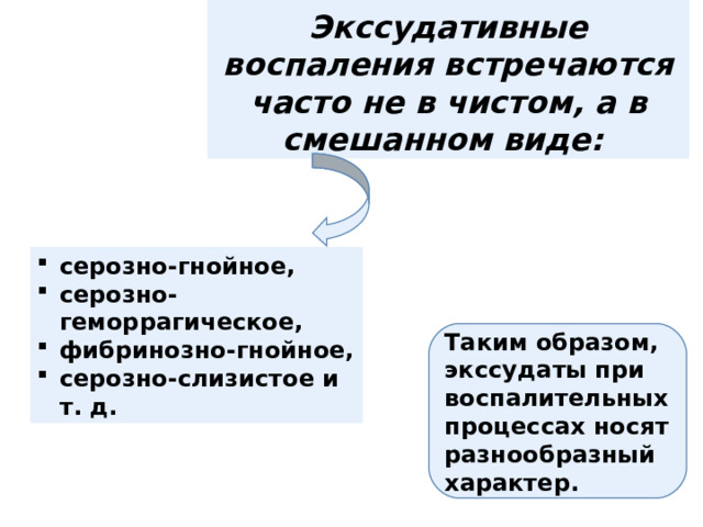  Экссудативные воспаления встречаются часто не в чистом, а в смешанном виде:   серозно-гнойное, серозно-геморрагическое, фибринозно-гнойное, серозно-слизистое и т. д. Таким образом, экссудаты при воспалительных процессах носят разнообразный характер. 