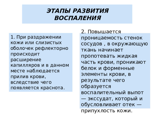 ЭТАПЫ РАЗВИТИЯ ВОСПАЛЕНИЯ 1. При раздражении кожи или слизистых оболочек рефлекторно происходит расширение капилляров и в данном месте наблюдается прилив крови, вследствие чего появляется краснота. 2. Повышается проницаемость стенок сосудов , в окружающую ткань начинает пропотевать жидкая часть крови, проникают белок и форменные элементы крови, в результате чего образуется воспалительный выпот — экссудат, который и обусловливает отек — припухлость кожи. 