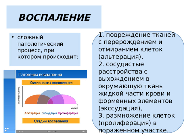 ВОСПАЛЕНИЕ 1. повреждение тканей с перерождением и отмиранием клеток (альтерация), 2. сосудистые расстройства с выхождением в окружающую ткань жидкой части крови и форменных элементов (экссудация), 3. размножение клеток (пролиферация) в пораженном участке. сложный патологический процесс, при котором происходит: 