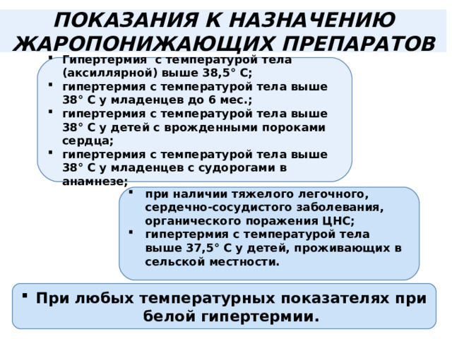 ПОКАЗАНИЯ К НАЗНАЧЕНИЮ ЖАРОПОНИЖАЮЩИХ ПРЕПАРАТОВ Гипертермия с температурой тела (аксиллярной) выше 38,5° С; гипертермия с температурой тела выше 38° С у младенцев до 6 мес.; гипертермия с температурой тела выше 38° С у детей с врожденными пороками сердца; гипертермия с температурой тела выше 38° С у младенцев с судорогами в анамнезе; при наличии тяжелого легочного, сердечно-сосудистого заболевания, органического поражения ЦНС; гипертермия с температурой тела выше 37,5° С у детей, проживающих в сельской местности.  При любых температурных показателях при белой гипертермии. 
