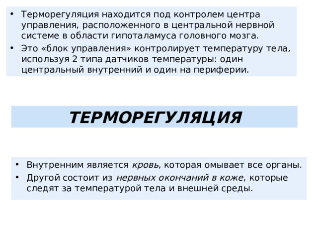 Терморегуляция находится под контролем центра управления, расположенного в центральной нервной системе в области гипоталамуса головного мозга. Это «блок управления» контролирует температуру тела, используя 2 типа датчиков температуры: один центральный внутренний и один на периферии. ТЕРМОРЕГУЛЯЦИЯ Внутренним является  кровь , которая омывает все органы. Другой состоит из  нервных окончаний в коже , которые следят за температурой тела и внешней среды.  