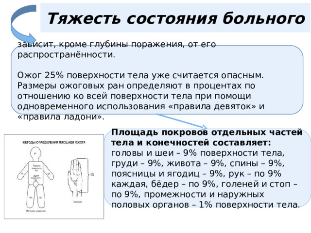 Тяжесть состояния больного  зависит, кроме глубины поражения, от его распространённости. Ожог 25% поверхности тела уже считается опасным. Размеры ожоговых ран определяют в процентах по отношению ко всей поверхности тела при помощи одновременного использования «правила девяток» и «правила ладони». Площадь покровов отдельных частей тела и конечностей составляет: головы и шеи – 9% поверхности тела, груди – 9%, живота – 9%, спины – 9%, поясницы и ягодиц – 9%, рук – по 9% каждая, бёдер – по 9%, голеней и стоп – по 9%, промежности и наружных половых органов – 1% поверхности тела. 