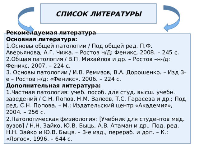 СПИСОК ЛИТЕРАТУРЫ Рекомендуемая литература Основная литература: Основы общей патологии / Под общей ред. П.Ф. Аверьянова, А.Г. Чижа. – Ростов н/Д: Феникс, 2008. – 245 с. Общая патология / В.П. Михайлов и др. – Ростов –н-/д: Феникс, 2007. – 224 с.  Основы патологии / И.В. Ремизов, В.А. Дорошенко. – Изд 3-е – Ростов н/д: «Феникс», 2006. – 224 с. Дополнительная литература: Частная патология: учеб. пособ. для студ. высш. учебн. заведений / С.Н. Попов, Н.М. Валеев, Т.С. Гарасева и др.; Под ред. С.Н. Попова. – М.: Издательский центр «Академия», 2004. – 256 с. Патологическая физиология: [Учебник для студентов мед. вузов] / Н.Н. Зайко, Ю.В. Быць, А.В. Атаман и др.; Под. ред. Н.Н. Зайко и Ю.В. Быця. – 3-е изд., перераб. и доп. – К.: «Логос», 1996. – 644 с.   