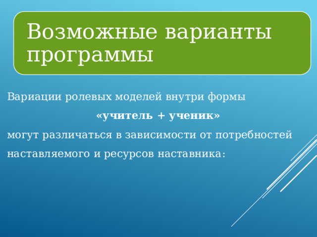 Возможные варианты программы Вариации ролевых моделей внутри формы «учитель + ученик» могут различаться в зависимости от потребностей наставляемого и ресурсов наставника: 