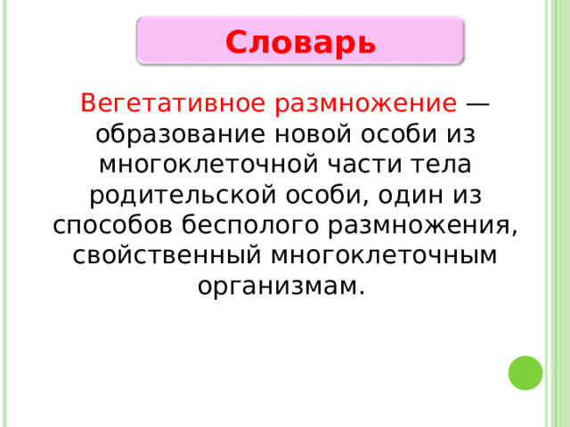Словарь Вегетативное размножение — образование новой особи из многоклеточной части тела родительской особи, один из способов бесполого размножения, свойственный многоклеточным организмам. 188 