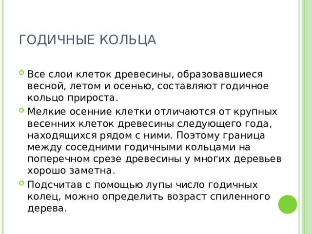ГОДИЧНЫЕ КОЛЬЦА Все слои клеток древесины, образовавшиеся весной, летом и осенью, составляют годичное кольцо прироста. Мелкие осенние клетки отличаются от крупных весенних клеток древесины следующего года, находящихся рядом с ними. Поэтому граница между соседними годичными кольцами на поперечном срезе древесины у многих деревьев хорошо заметна. Подсчитав с помощью лупы число годичных колец, можно определить возраст спиленного дерева. 