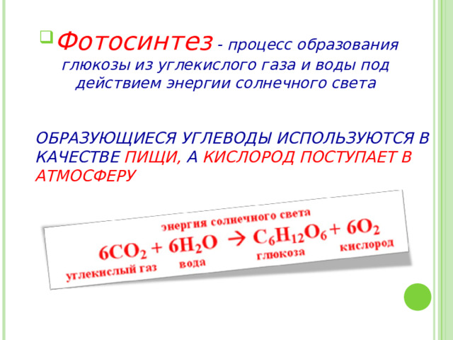 Фотосинтез - процесс образования глюкозы из углекислого газа и воды под действием энергии солнечного света ОБРАЗУЮЩИЕСЯ УГЛЕВОДЫ ИСПОЛЬЗУЮТСЯ В КАЧЕСТВЕ ПИЩИ, А КИСЛОРОД ПОСТУПАЕТ В АТМОСФЕРУ   