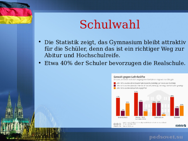 Schulwahl Die Statistik zeigt, das Gymnasium bleibt attraktiv für die Schüler, denn das ist ein richtiger Weg zur Abitur und Hochschulreife. Etwa 40% der Schuler bevorzugen die Realschule. 