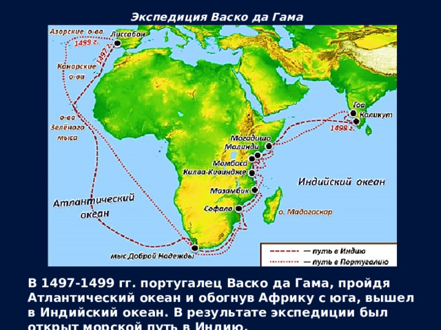 Экспедиция Васко да Гама В 1497-1499 гг. португалец Васко да Гама, пройдя Атлантический океан и обогнув Африку с юга, вышел в Индийский океан. В результате экспедиции был открыт морской путь в Индию. 