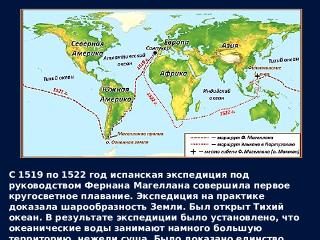 С 1519 по 1522 год испанская экспедиция под руководством Фернана Магеллана совершила первое кругосветное плавание. Экспедиция на практике доказала шарообразность Земли. Был открыт Тихий океан. В результате экспедиции было установлено, что океанические воды занимают намного большую территорию, нежели суша. Было доказано единство Мирового океана. 