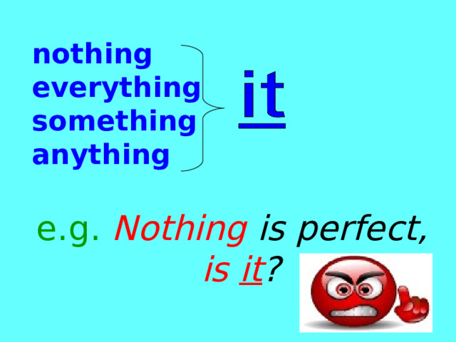 nothing  everything  something  anything e.g.  Nothing is perfect, is it ? 