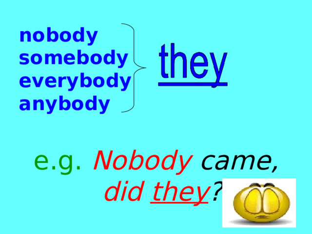 nobody  somebody  everybody  anybody e.g.  Nobody came, did they ? 