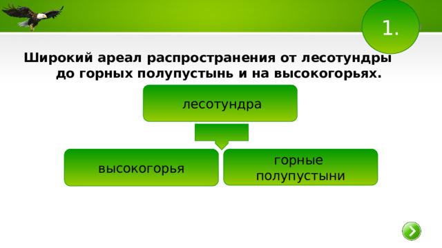 1. Широкий ареал распространения от лесотундры до горных полупустынь и на высокогорьях.    лесотундра горные высокогорья полупустыни 