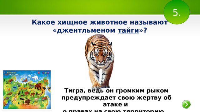 5. Какое хищное животное называют «джентльменом тайги »? Тигра, ведь он громким рыком предупреждает свою жертву об атаке и о правах на свою территорию. 
