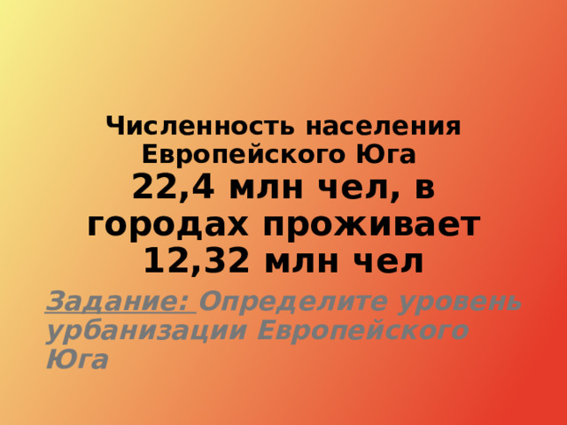 Численность населения Европейского Юга  22,4 млн чел, в городах проживает 12,32 млн чел Задание: Определите уровень урбанизации Европейского Юга 
