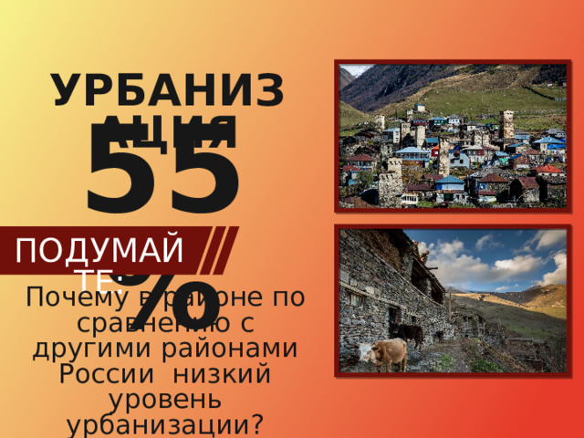 УРБАНИЗАЦИЯ 55% ПОДУМАЙТЕ: Почему в районе по сравнению с другими районами России низкий уровень урбанизации? 