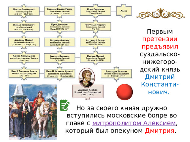 Первым претензии предъявил суздальско-нижегоро-дский князь Дмитрий Константи-нович. Но за своего князя дружно вступились московские бояре во главе с митрополитом Алексием , который был опекуном Дмитрия . 