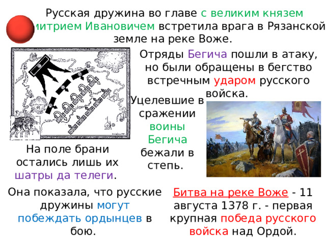Русская дружина во главе с великим князем Дмитрием Ивановичем встретила врага в Рязанской земле на реке Воже. Отряды Бегича пошли в атаку, но были обращены в бегство встречным ударом русского войска. Уцелевшие в сражении воины Бегича бежали в степь. На поле брани остались лишь их шатры да телеги . Она показала, что русские дружины могут побеждать ордынцев в бою. Битва на реке Воже  - 11 августа 1378 г. - первая крупная победа русского войска над Ордой. 