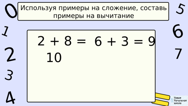 1 0 5 4 2 6 7 3 Используя примеры на сложение, составь примеры на вычитание  2 + 8 = 10 6 + 3 = 9 