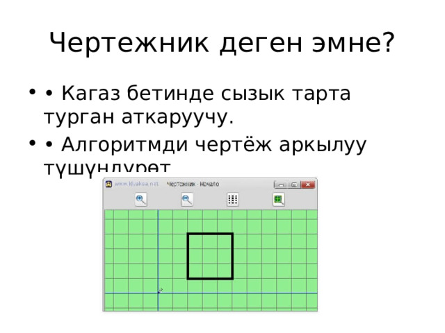 Чертежник деген эмне? • Кагаз бетинде сызык тарта турган аткаруучу. • Алгоритмди чертёж аркылуу түшүндүрөт. 