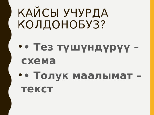 Кайсы учурда колдонобуз? • Тез түшүндүрүү – схема • Толук маалымат – текст 