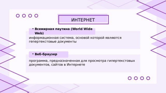 ИНТЕРНЕТ Всемирная паутина (World Wide Web) Всемирная паутина (World Wide Web) информационная система, основой которой являются гепертекстовые документы Веб-браузер Веб-браузер программа, предназначенная для просмотра гипертекстовых документов, сайтов в Интернете 