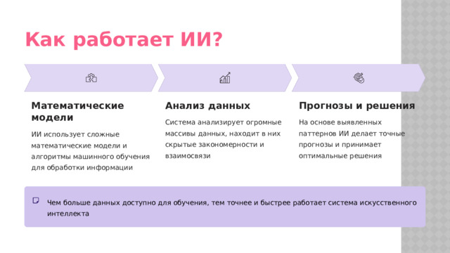 Как работает ИИ? Математические модели Анализ данных Прогнозы и решения Система анализирует огромные массивы данных, находит в них скрытые закономерности и взаимосвязи На основе выявленных паттернов ИИ делает точные прогнозы и принимает оптимальные решения ИИ использует сложные математические модели и алгоритмы машинного обучения для обработки информации Чем больше данных доступно для обучения, тем точнее и быстрее работает система искусственного интеллекта  