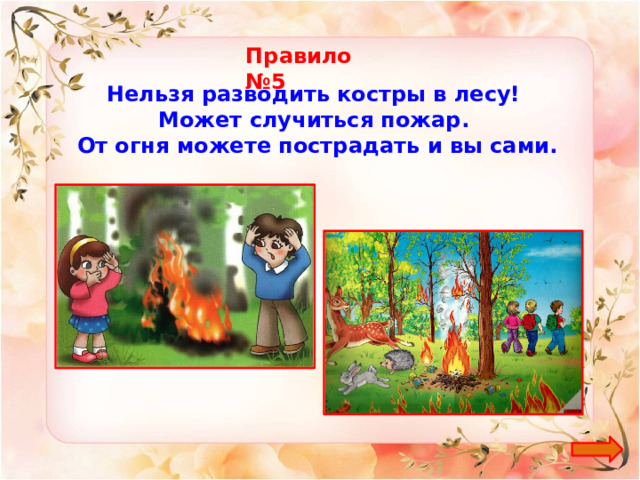 Правило №5 Нельзя разводить костры в лесу! Может случиться пожар. От огня можете пострадать и вы сами. 