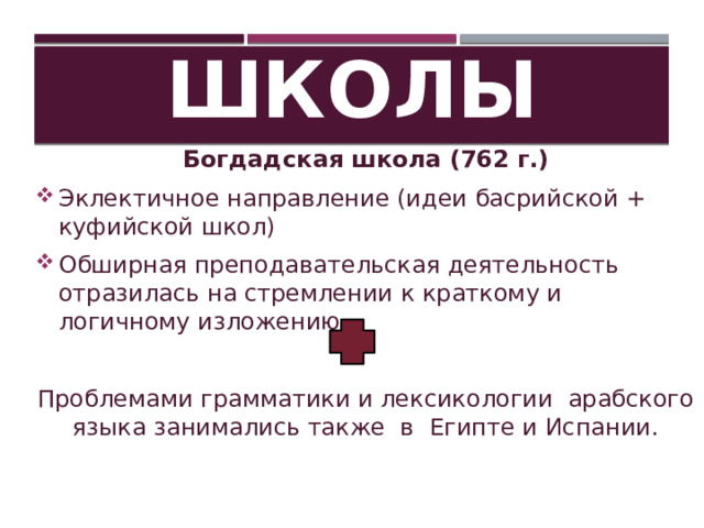 Школы Богдадская школа (762 г.) Эклектичное направление (идеи басрийской + куфийской школ) Обширная преподавательская деятельность отразилась на стремлении к краткому и логичному изложению Проблемами грамматики и лексикологии арабского языка занимались также в Египте и Испании. 