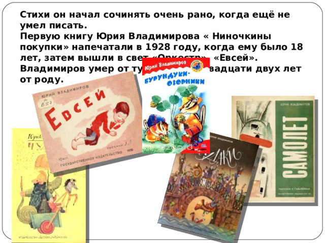 Стихи он начал сочинять очень рано, когда ещё не умел писать. Первую книгу Юрия Владимирова « Ниночкины покупки» напечатали в 1928 году, когда ему было 18 лет, затем вышли в свет «Оркестр», «Евсей». Владимиров умер от туберкулеза двадцати двух лет от роду. 