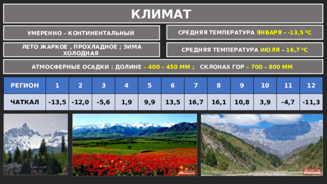 КЛИМАТ СРЕДНЯЯ ТЕМПЕРАТУРА ЯНВАРЯ - -13,5 ⁰С УМЕРЕННО – КОНТИНЕНТАЛЬНЫЙ ЛЕТО ЖАРКОЕ , ПРОХЛАДНОЕ ; ЗИМА ХОЛОДНАЯ СРЕДНЯЯ ТЕМПЕРАТУРА ИЮЛЯ – 16,7 ⁰С АТМОСФЕРНЫЕ ОСАДКИ : ДОЛИНЕ – 400 – 450 ММ ; СКЛОНАХ ГОР – 700 – 800 ММ РЕГИОН 1 ЧАТКАЛ -13,5 2 3 -12,0 4 -5,6 5 1,9 6 9,9 7 13,5 8 16,7 9 16,1 10,8 10 11 3,9 12 -4,7 -11,3 