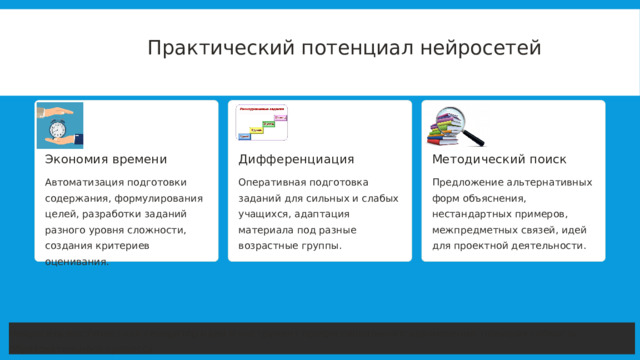 Практический потенциал нейросетей Экономия времени Методический поиск Дифференциация Оперативная подготовка заданий для сильных и слабых учащихся, адаптация материала под разные возрастные группы. Предложение альтернативных форм объяснения, нестандартных примеров, межпредметных связей, идей для проектной деятельности. Автоматизация подготовки содержания, формулирования целей, разработки заданий разного уровня сложности, создания критериев оценивания. Нейросеть выступает как генератор идей и инструмент профессионального вдохновения, повышая гибкость образовательного процесса. 