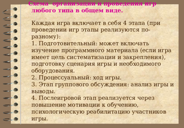  Схема организации и проведения игр любого типа в общем виде.   Каждая игра включает в себя 4 этапа (при проведении игр этапы реализуются по-разному):  1. Подготовительный: может включать изучение программного материала (если игра имеет цель систематизации и закрепления), подготовку сценария игры и необходимого оборудования.  2. Процессуальный: ход игры.  3. Этап группового обсуждения: анализ игры и выводы.  4. Послеигровой этап реализуется через повышение мотивации к обучению, психологическую реабилитацию участников игры.   