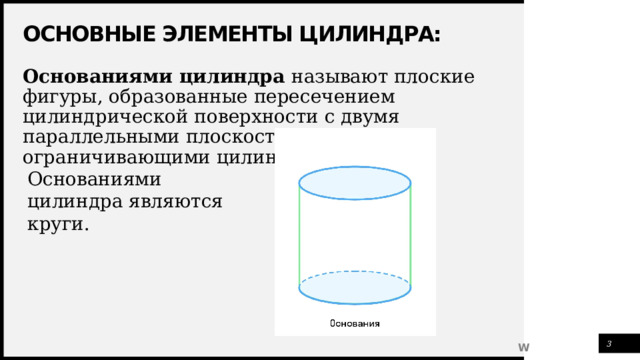 Основные элементы цилиндра: Основаниями цилиндра называют плоские фигуры, образованные пересечением цилиндрической поверхности с двумя параллельными плоскостями, ограничивающими цилиндр. Основаниями цилиндра являются круги. 1 