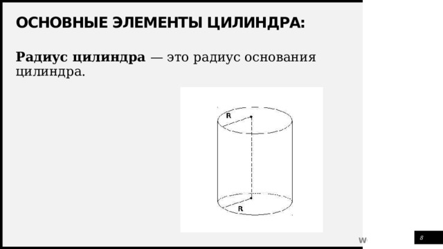 Основные элементы цилиндра: Радиус цилиндра — это радиус основания цилиндра. 1 