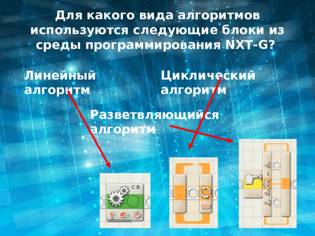 Для какого вида алгоритмов используются следующие блоки из среды программирования NXT-G?  Линейный алгоритм Циклический алгоритм Разветвляющийся алгоритм 