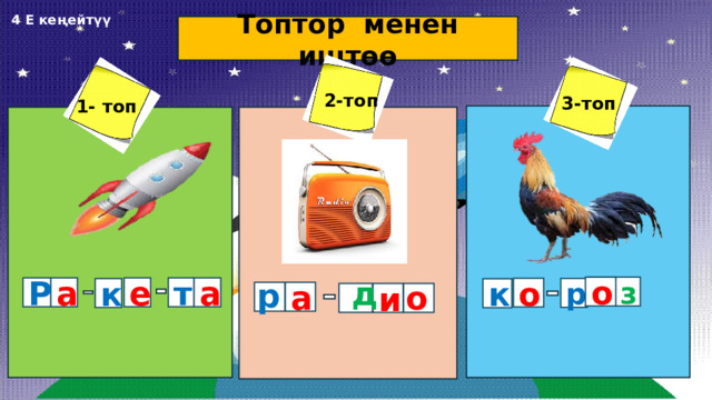 4 Е кеңейтүү Топтор менен иштөө 2-топ 3-топ 1- топ М д р о о з Р т е а а о р к к р а о д и 