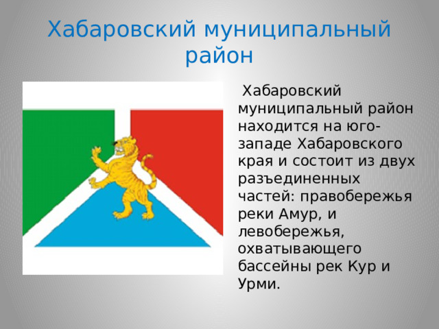 Хабаровский муниципальный район  Хабаровский муниципальный район находится на юго-западе Хабаровского края и состоит из двух разъединенных частей: правобережья реки Амур, и левобережья, охватывающего бассейны рек Кур и Урми.  