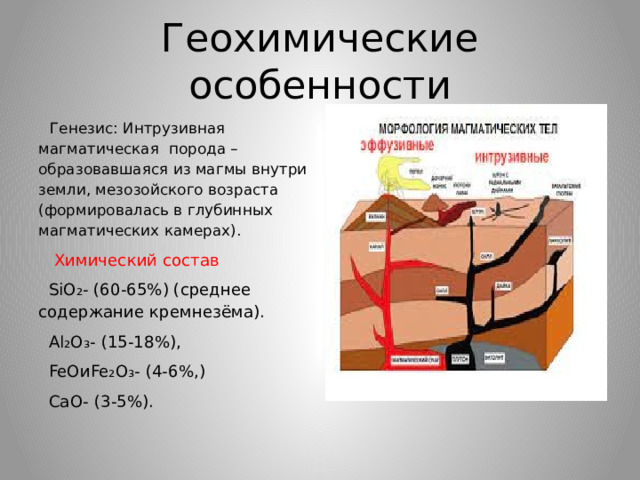 Геохимические особенности  Генезис: Интрузивная магматическая порода – образовавшаяся из магмы внутри земли, мезозойского возраста (формировалась в глубинных магматических камерах).  Химический состав  SiO₂- (60-65%) (среднее содержание кремнезёма).  Al₂O₃- (15-18%),  FeOиFe₂O₃- (4-6%,)  CaO- (3-5%). 