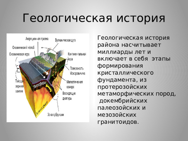 Геологическая история Геологическая история района насчитывает миллиарды лет и включает в себя этапы формирования кристаллического фундамента, из протерозойских метаморфических пород, докембрийских палеозойских и мезозойских гранитоидов. 