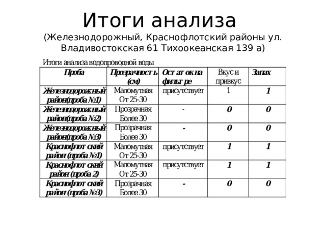Итоги анализа  (Железнодорожный, Краснофлотский районы ул. Владивостокская 61 Тихоокеанская 139 а) 