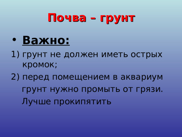 Почва  – грунт Важно:   грунт не должен иметь острых кромок; перед помещением в аквариум  грунт нужно промыть от грязи.  Лучше прокипятить 