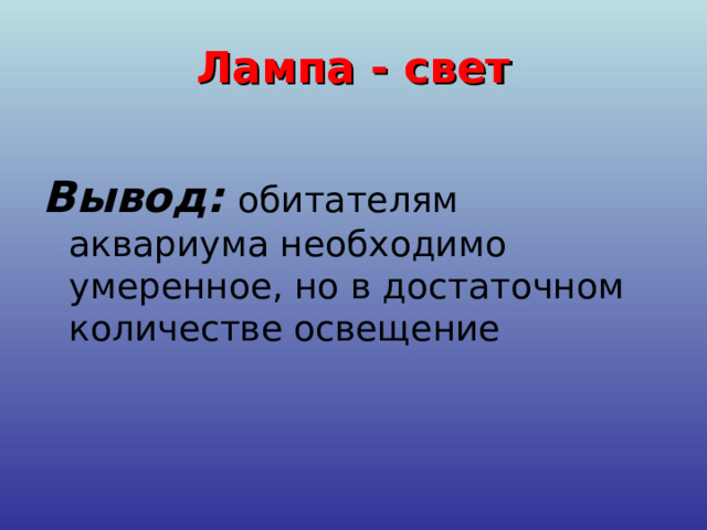 Лампа - свет Вывод:  обитателям аквариума необходимо умеренное, но в достаточном количестве освещение 